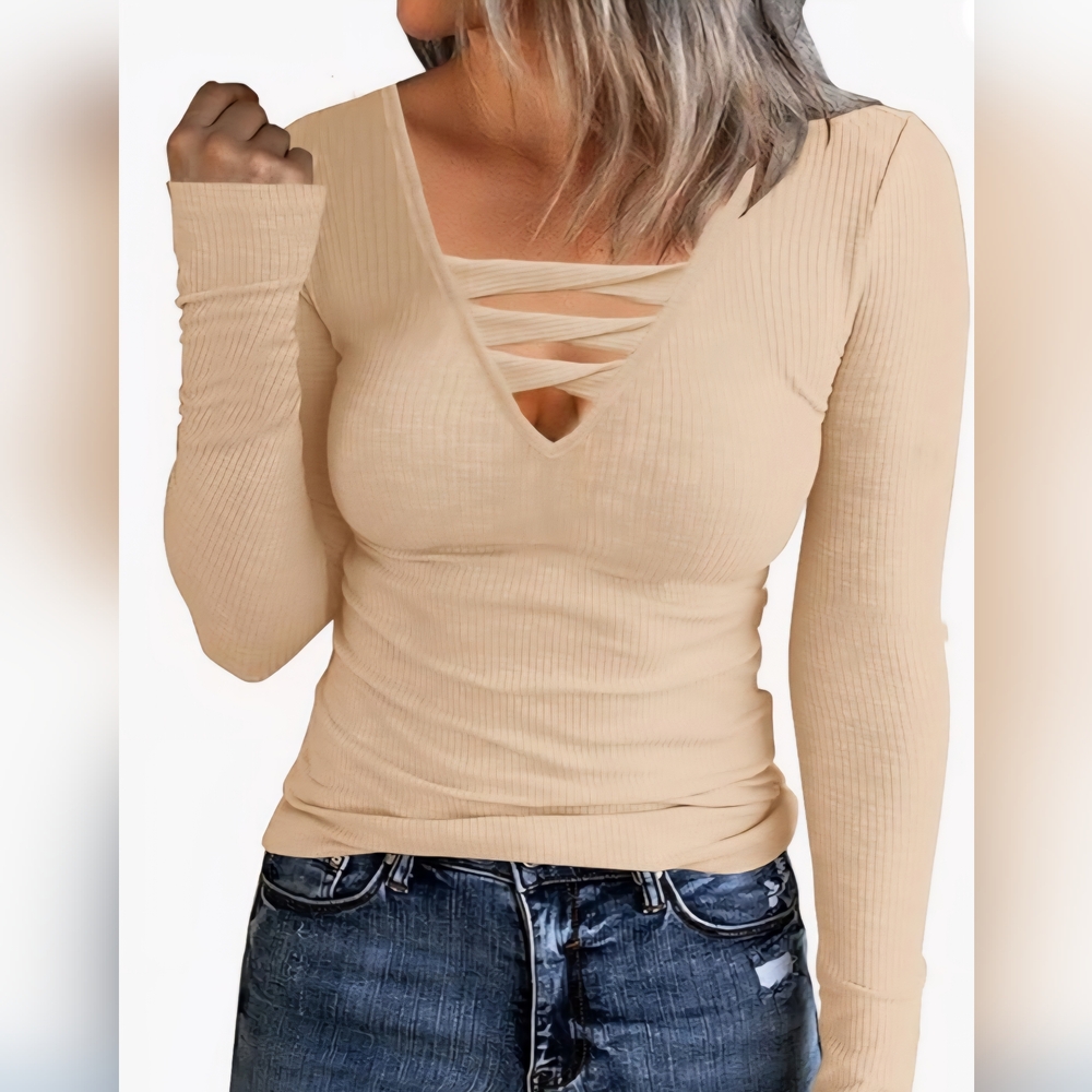 Women Casual Long Sleeve Tunic V-Neck Criss Cross Ribbed Casual Tee XXL